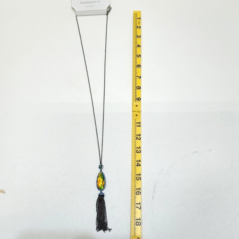 Hannah Accents 30" Single Strand Necklace Colorful Gemstone Pendant Black Tassel